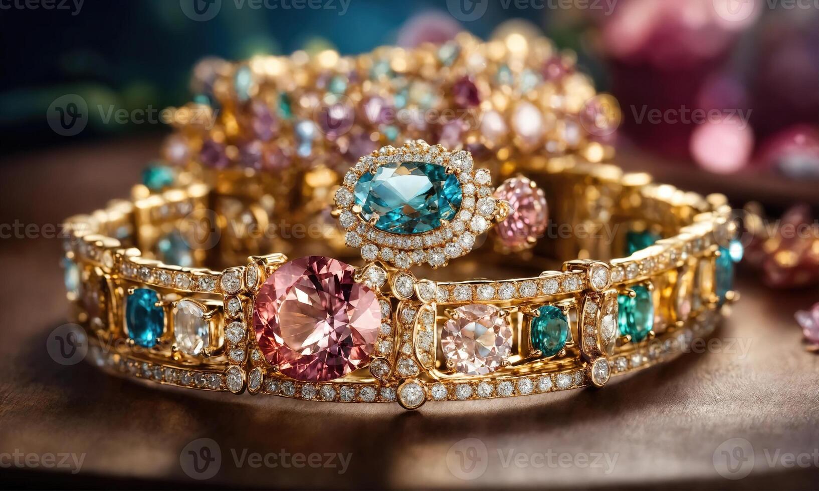 AI generated jewelry diamond ring on wooden table with bokeh background. ai generative photo