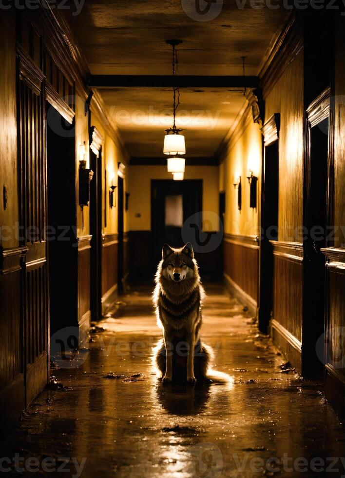 AI generated Portrait of a wolf in a dark corridor at night. ai generative photo