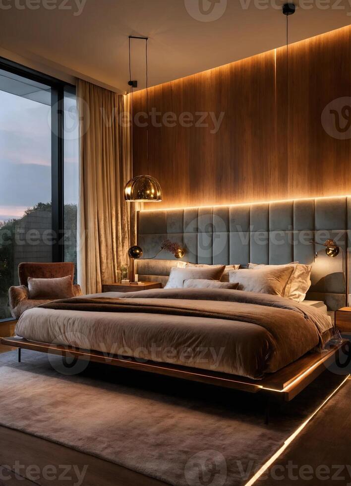 AI generated interior of classic bedroom, comfortable king size bed. ai generative photo