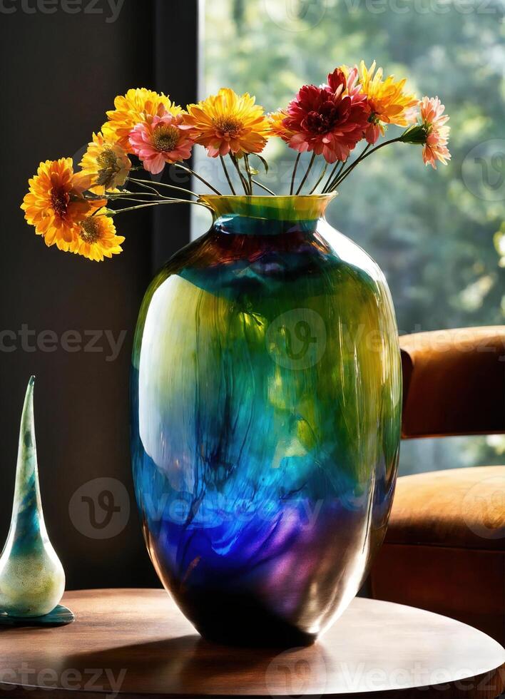 AI generated Colorful Decorative glass vase with green and blue pattern on the table. Close up. ai generative photo