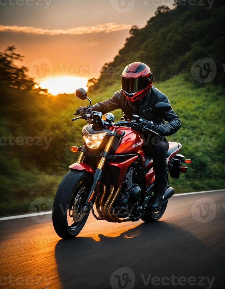 AI generated Motorcyclist riding a motorcycle on a country road at sunset. ai generative photo