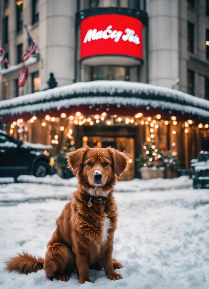 AI generated Cute Nova Scotia Duck Tolling Retriever dog sitting on a snowy street. ai generative photo