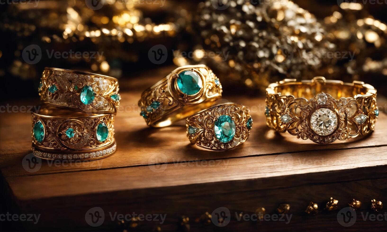 AI generated jewelry diamond ring on wooden table with bokeh background. ai generative photo
