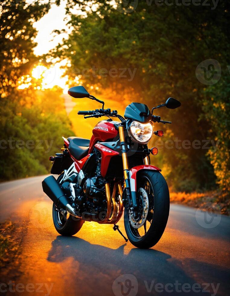 AI generated Motorcyclist riding a motorcycle on a country road at sunset. ai generative photo