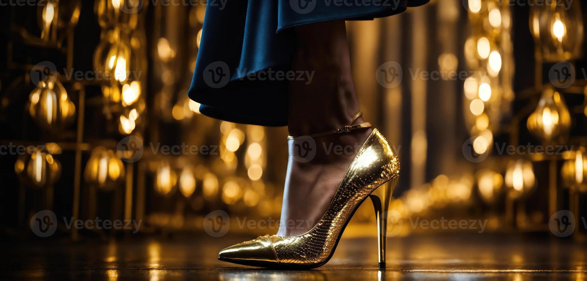 AI generated Legs of a woman in golden high-heeled shoes. ai generative photo