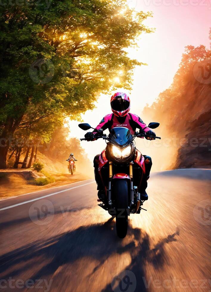 AI generated Motorcyclist riding a motorcycle on a country road at sunset. ai generative photo