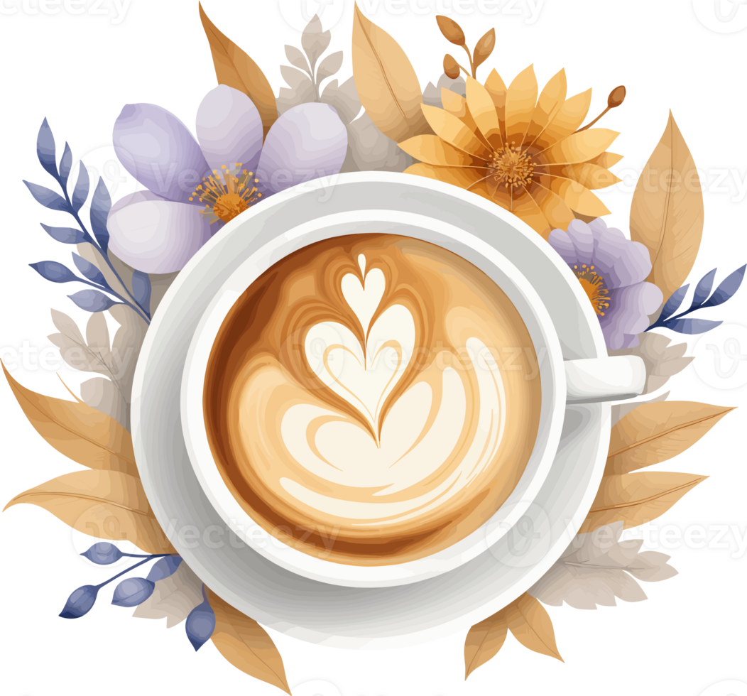 AI generated Heart latte art coffee cup decorated with flowers isolated illustration on transparent background png, watercolor design element for food, drink and coffee shop png