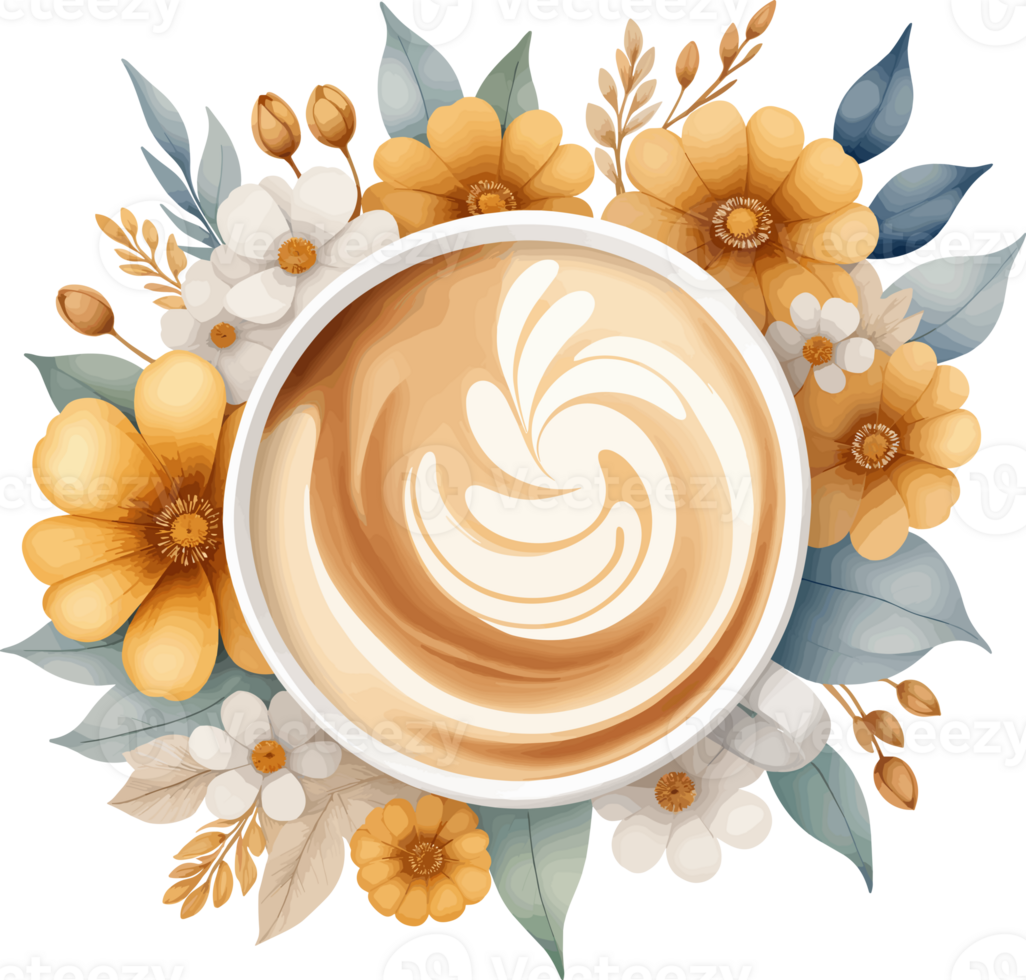 AI generated Top view of leaf latte art coffee cup decorated with yellow flowers isolated illustration on transparent background png, watercolor design element for food, drink and coffee shop png