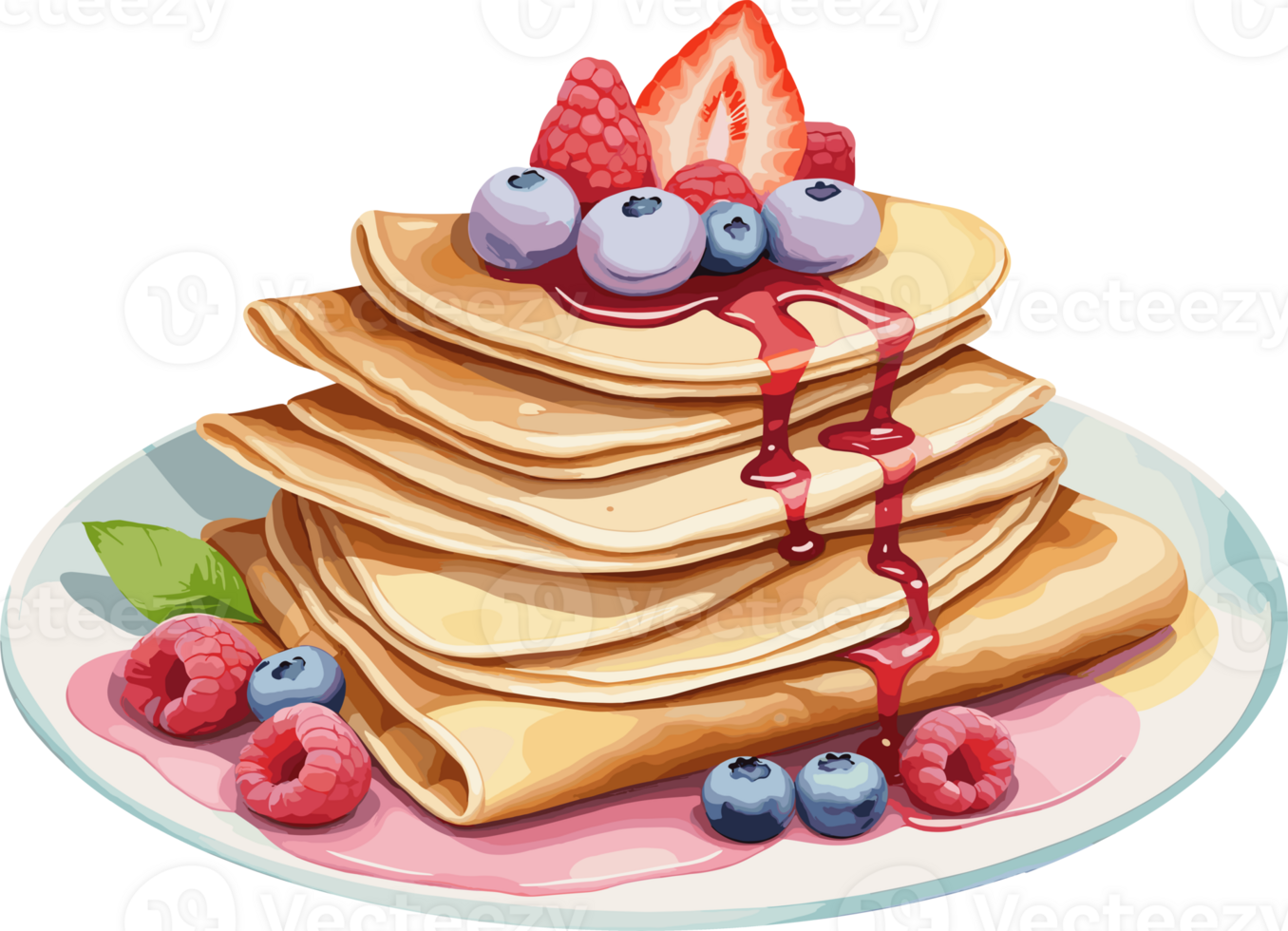 AI generated Watercolor style of delicious crepe with berry fruits on plate, isolated illustration on transparent background, perfect design element for quick healthy breakfast idea, food and recipe png