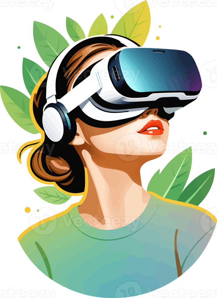 AI generated Teenager girl wearing Virtual Reality VR headset and green leaf illustration on transparent background png, painting style virtual reality for nature exploration, futuristic technology png