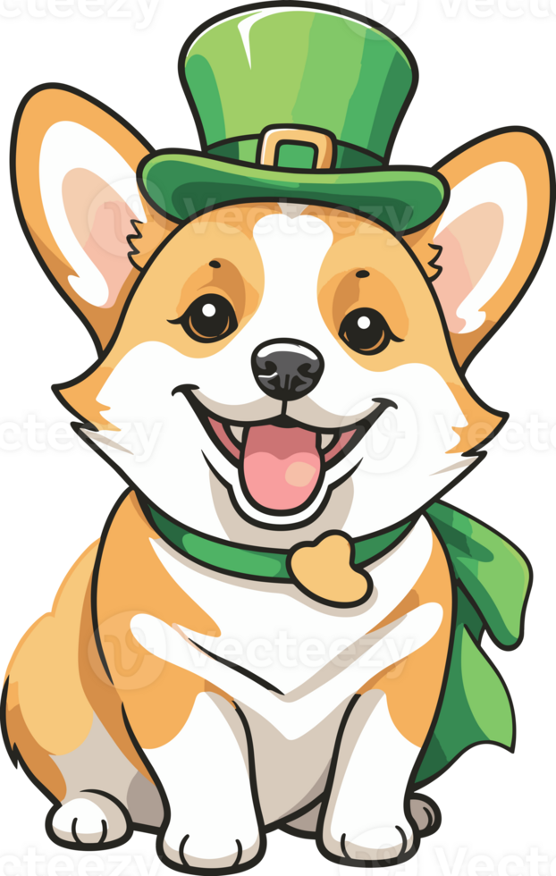 AI generated Cute Corgi dog in green St Patrick day costume illustration on transparent background png, graphic design element for holiday event or kids, baby shower and nursery decor png