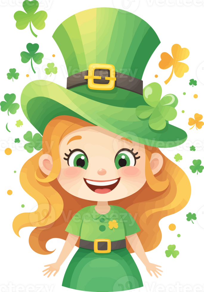 AI generated Cute girl in green costume, St Patrick day illustration on transparent background png, graphic design element for holiday event or kids, baby shower and nursery decor png