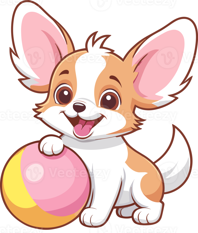 AI generated Happy Papillon puppy playing colorful ball, cartoon illustration on transparent background png, pastel design element for puppy, small dog breed, pet element, nursery decor, baby and kids png