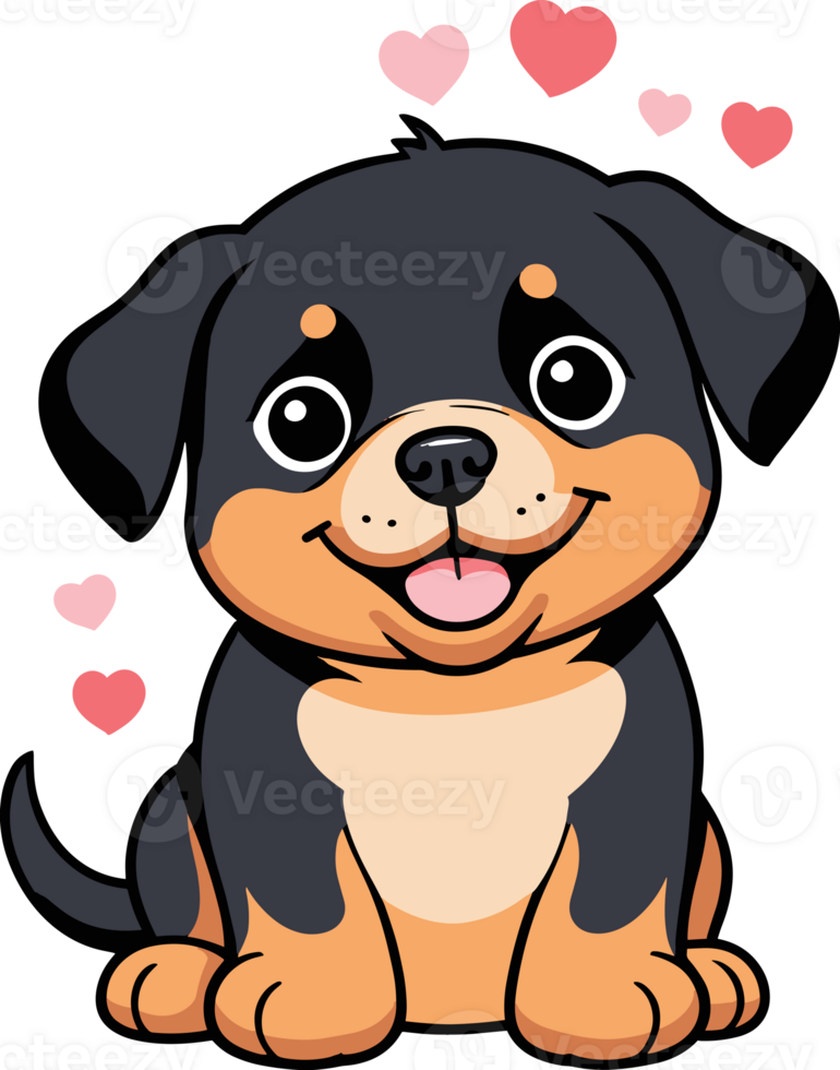 AI generated Cute rottweiler puppy with hearts, cartoon illustration on transparent background png, design element for puppy, dog breed, pet element, nursery decor png