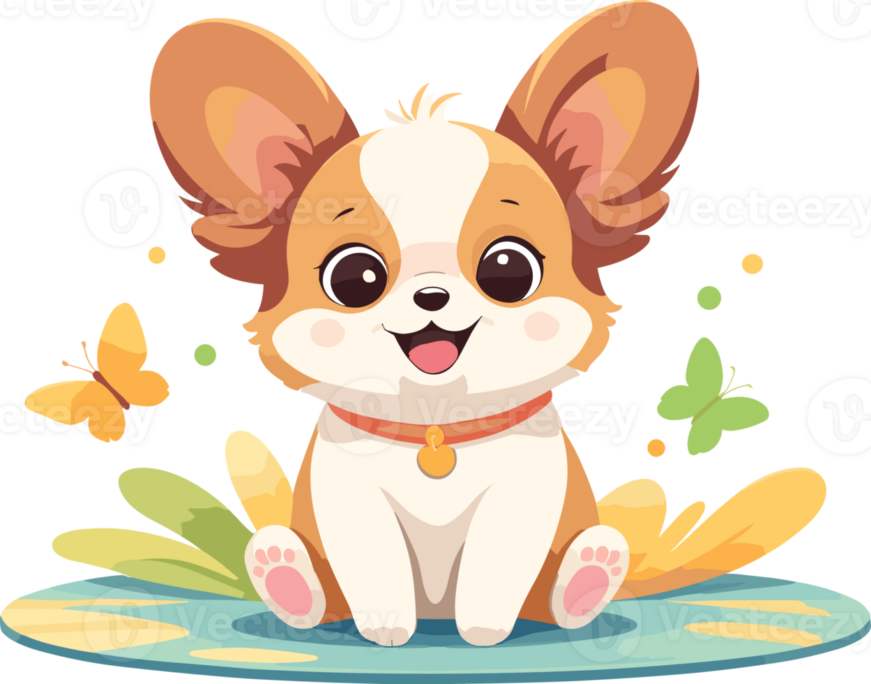 AI generated Adorable Papillon puppy sitting on mat in garden with butterflies, cartoon illustration on transparent background png, design element  of small dog breed, pet element, nursery decor, kids png