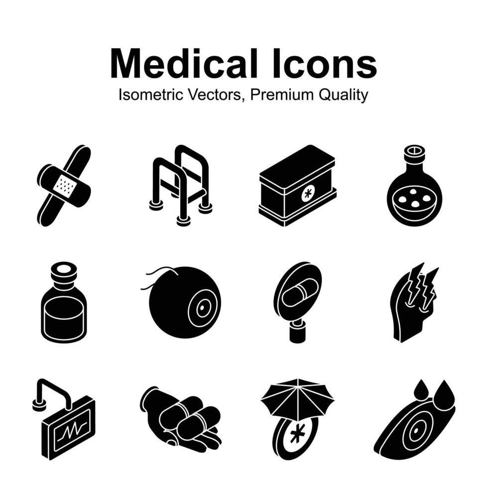 Well designed medical and healthcare isometric icons set in trendy style vector