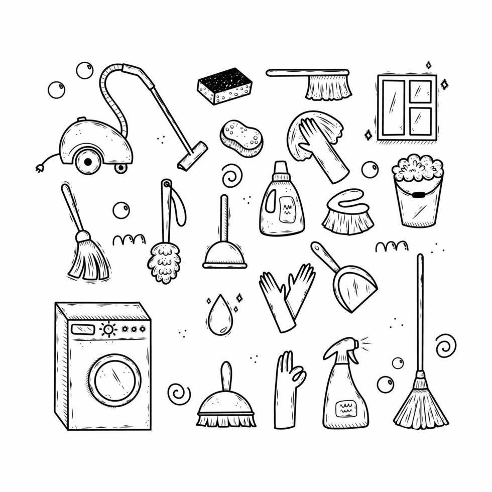 Set of elements on theme of cleaning house. Vector doodle illustration.