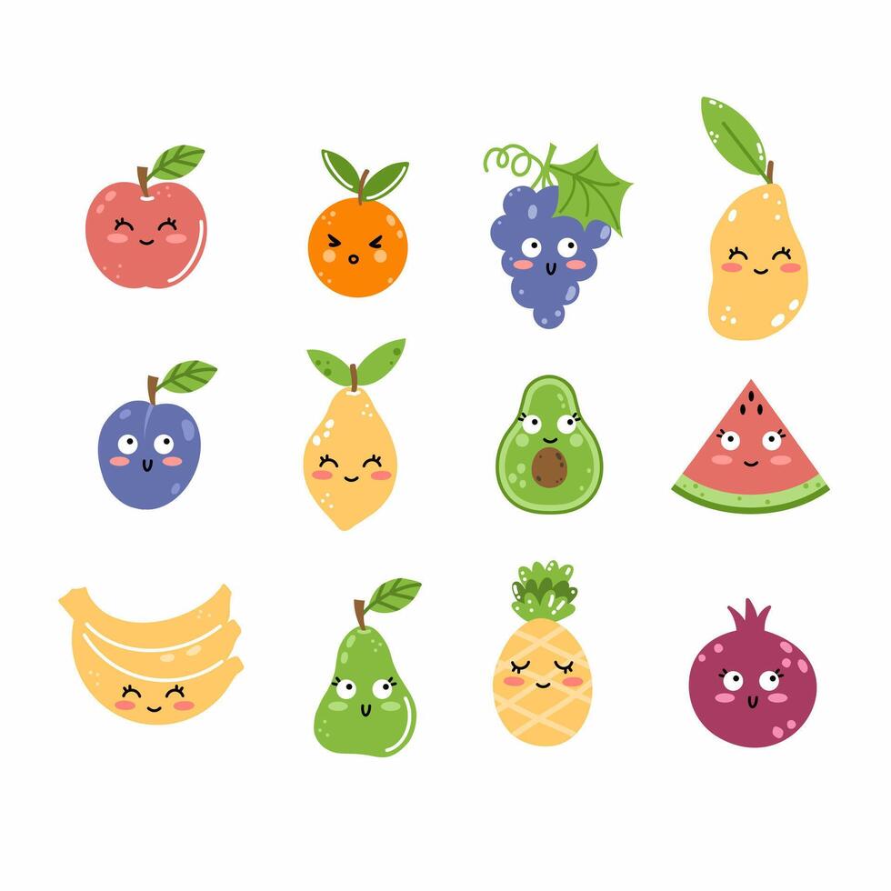 Funny cute happy fruits with smile on their face. Vector set of doodle style elements. Illustration on white background.