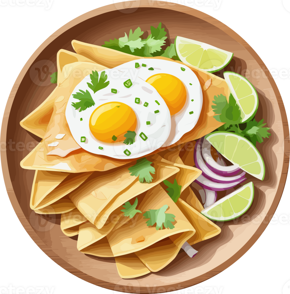 AI generated Crispy tortillas and fried eggs, watercolor illustration on transparent background png, perfect design element for traditional Mexican food recipe and idea, cooking and kitchen decor png