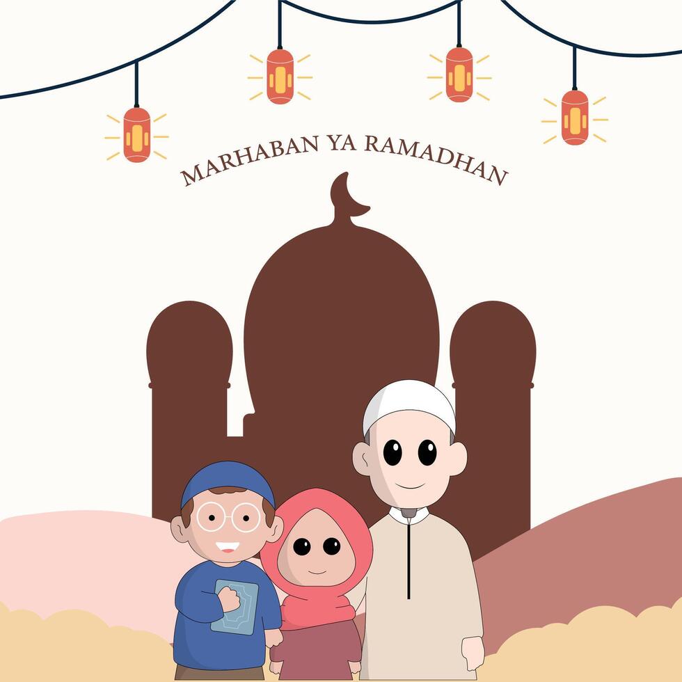 character cute ramadhan concept illustration happy muslim celebrate holy month ramadhan mosque sillhouette vector illustration