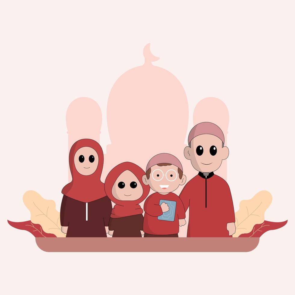 character cute ramadhan concept illustration happy muslim family celebrate holy month ramadhan mosque sillhouette vector illustration
