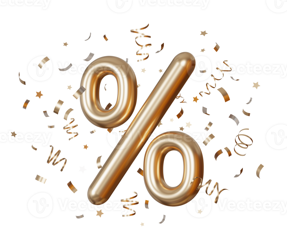 Golden discount sign with confetti on transparent background. Percent symbol. Sale, special offer, good price, deal, shopping. Sale off promotion. Percentage. Black Friday. 3D render. png