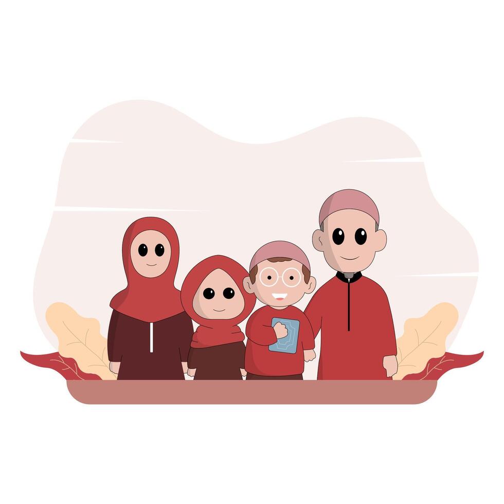 character cute ramadhan concept illustration happy muslim family celebrate holy month ramadhan mosque sillhouette vector illustration