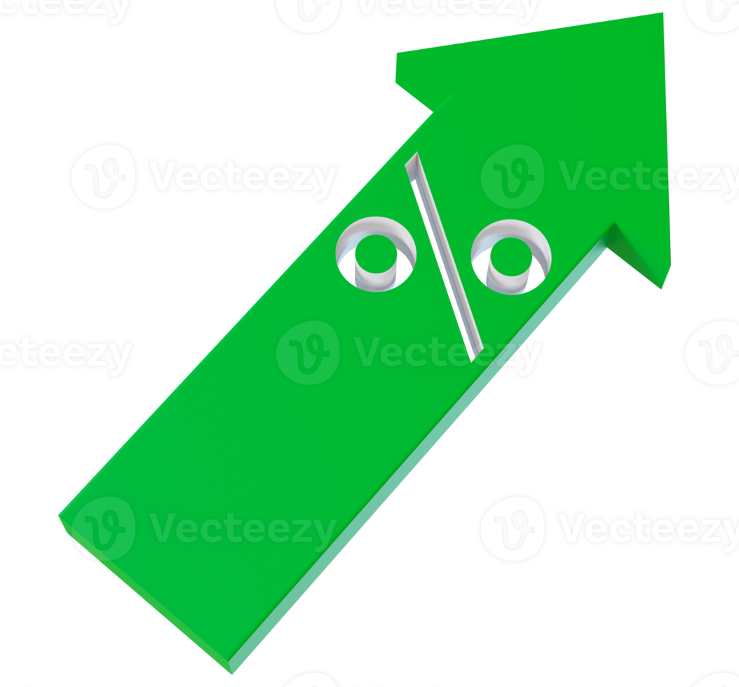 vert ascendant La Flèche avec pourcentage symbole, parfait pour visuels en relation à croissance dans ventes, financier amélioration, ou positif marché les tendances. La Flèche avec pour cent signe, sur transparent Contexte. 3d. png