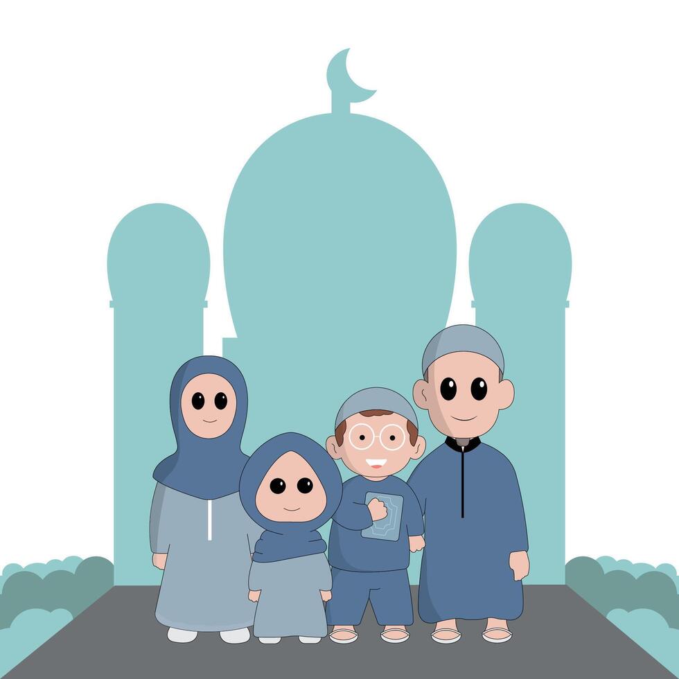 character cute ramadhan concept illustration happy muslim family celebrate holy month ramadhan mosque sillhouette vector illustration
