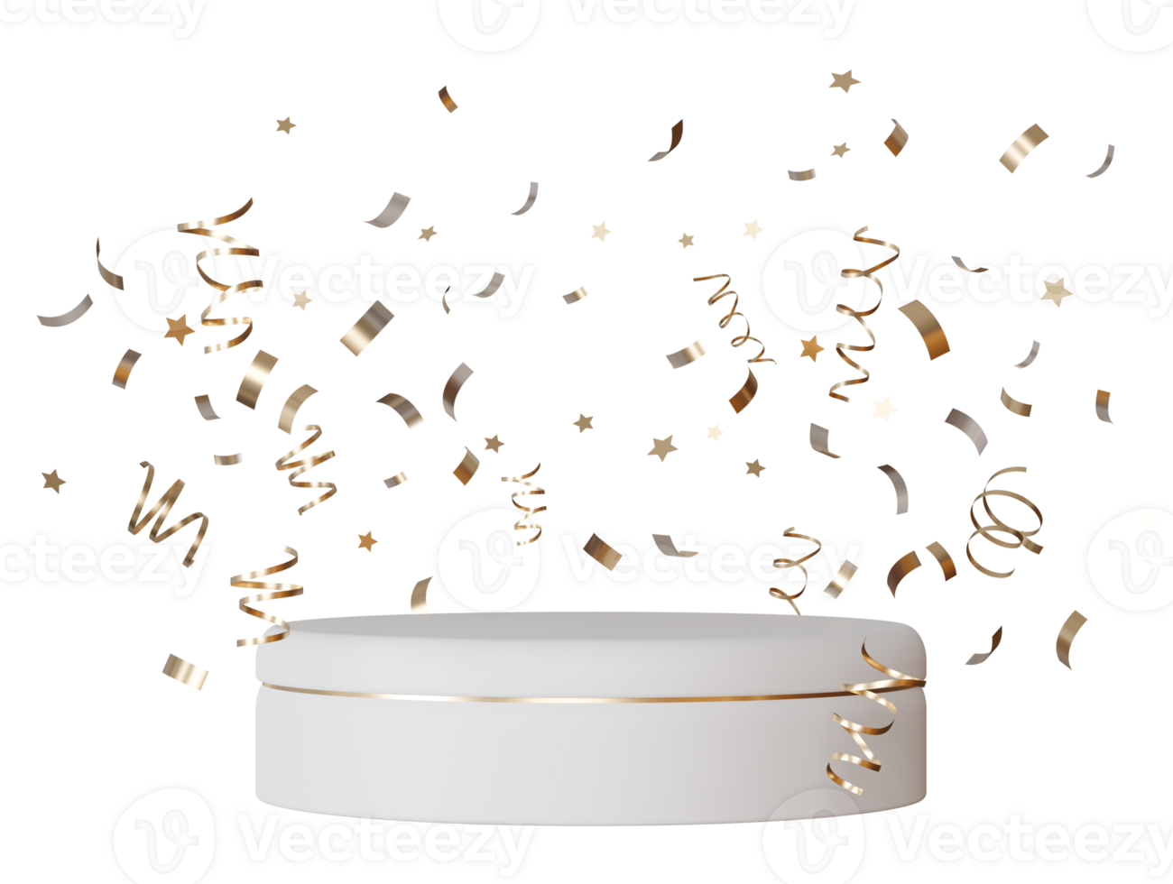 Elegant white podium with golden confetti, on transparent background. Perfect for product display, celebrations, and luxury presentations. Cut out stage mockup. Surprise, congratulations. 3D. png