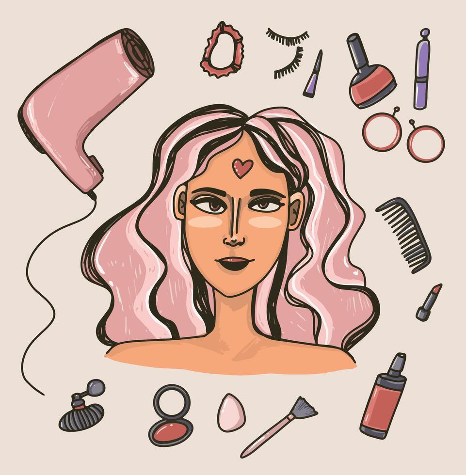 niña con el rosado pelo y el femenino cosas alrededor su, femenino rutina. vector