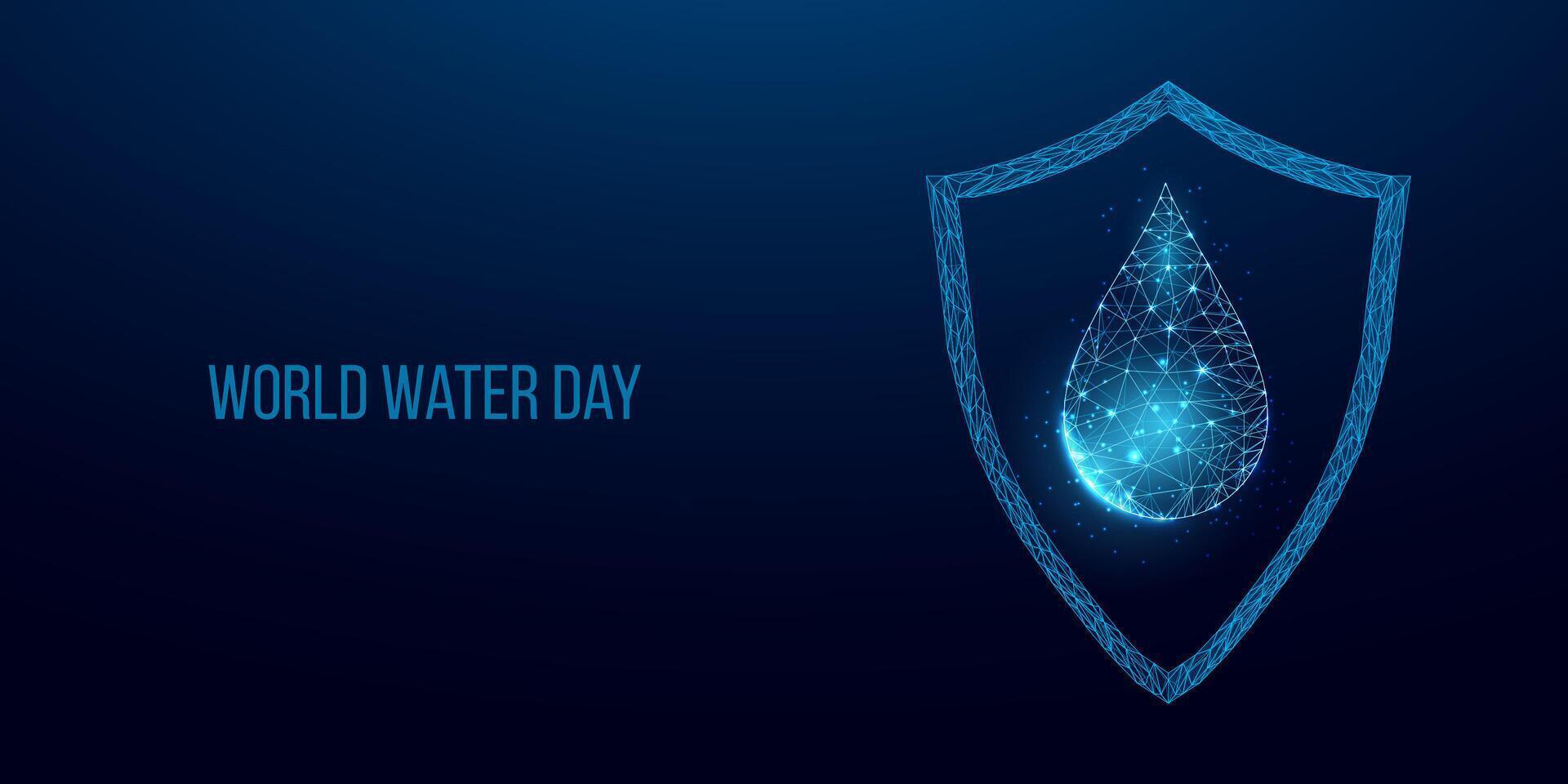 World water day concept. Banner template with glowing low poly water drop. Vector illustration.