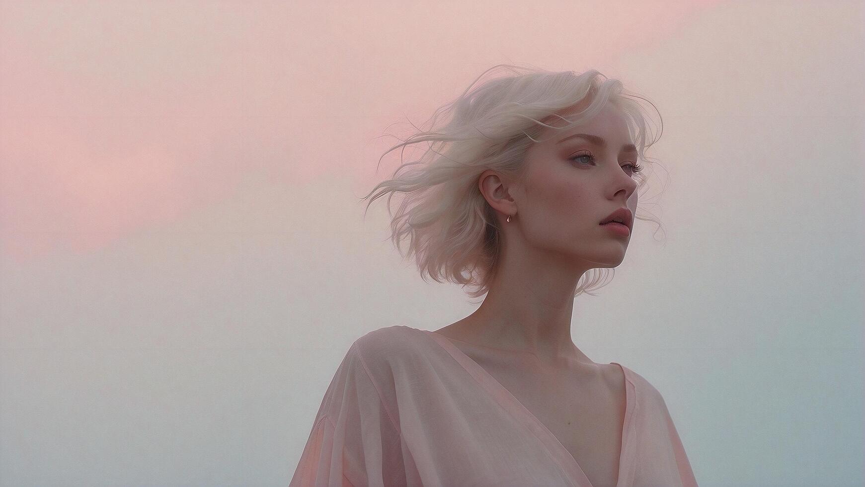 AI generated a woman with blonde hair standing in front of a pink sky photo