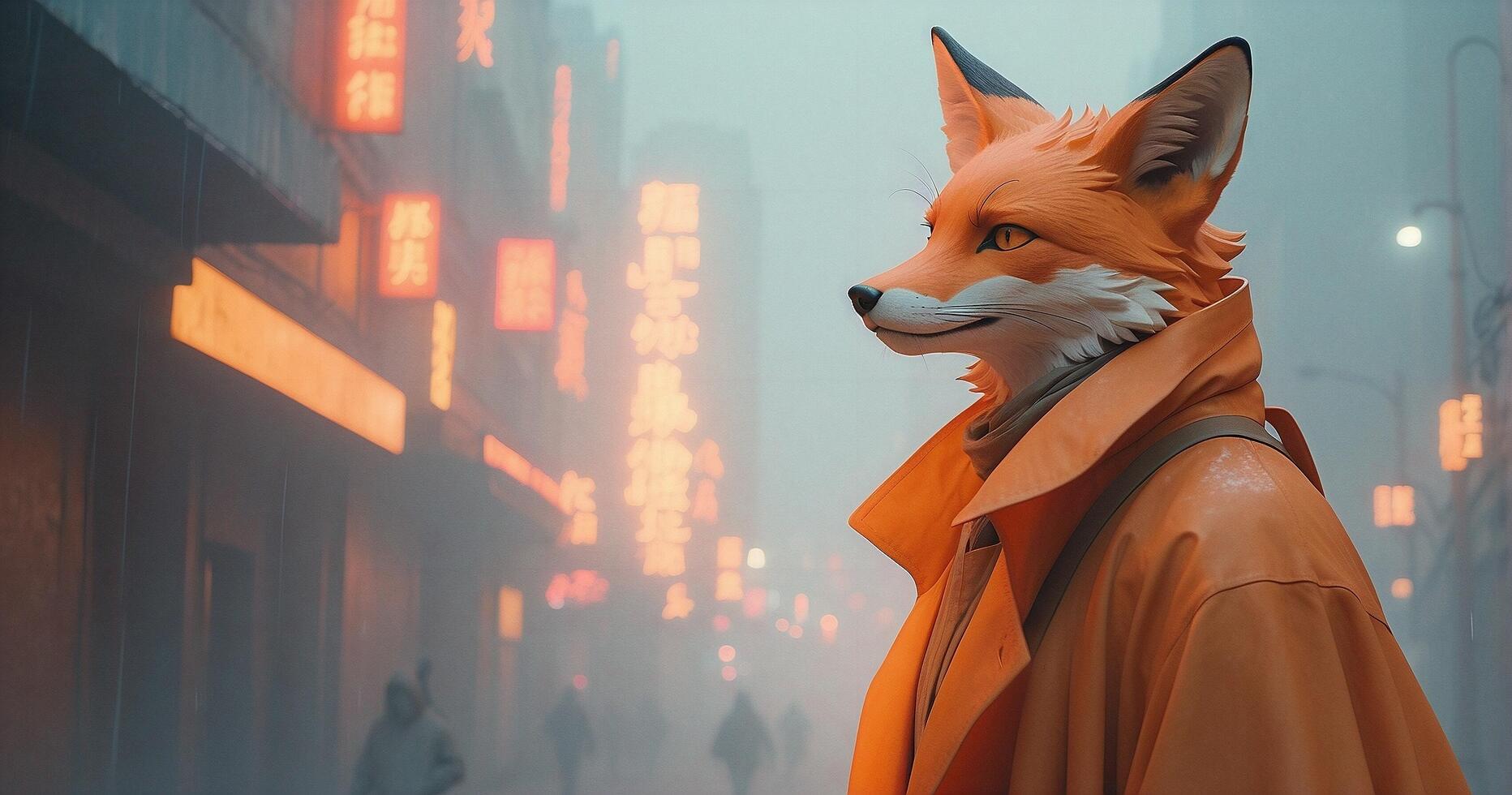 AI generated a fox in an orange coat stands in the middle of a city street photo