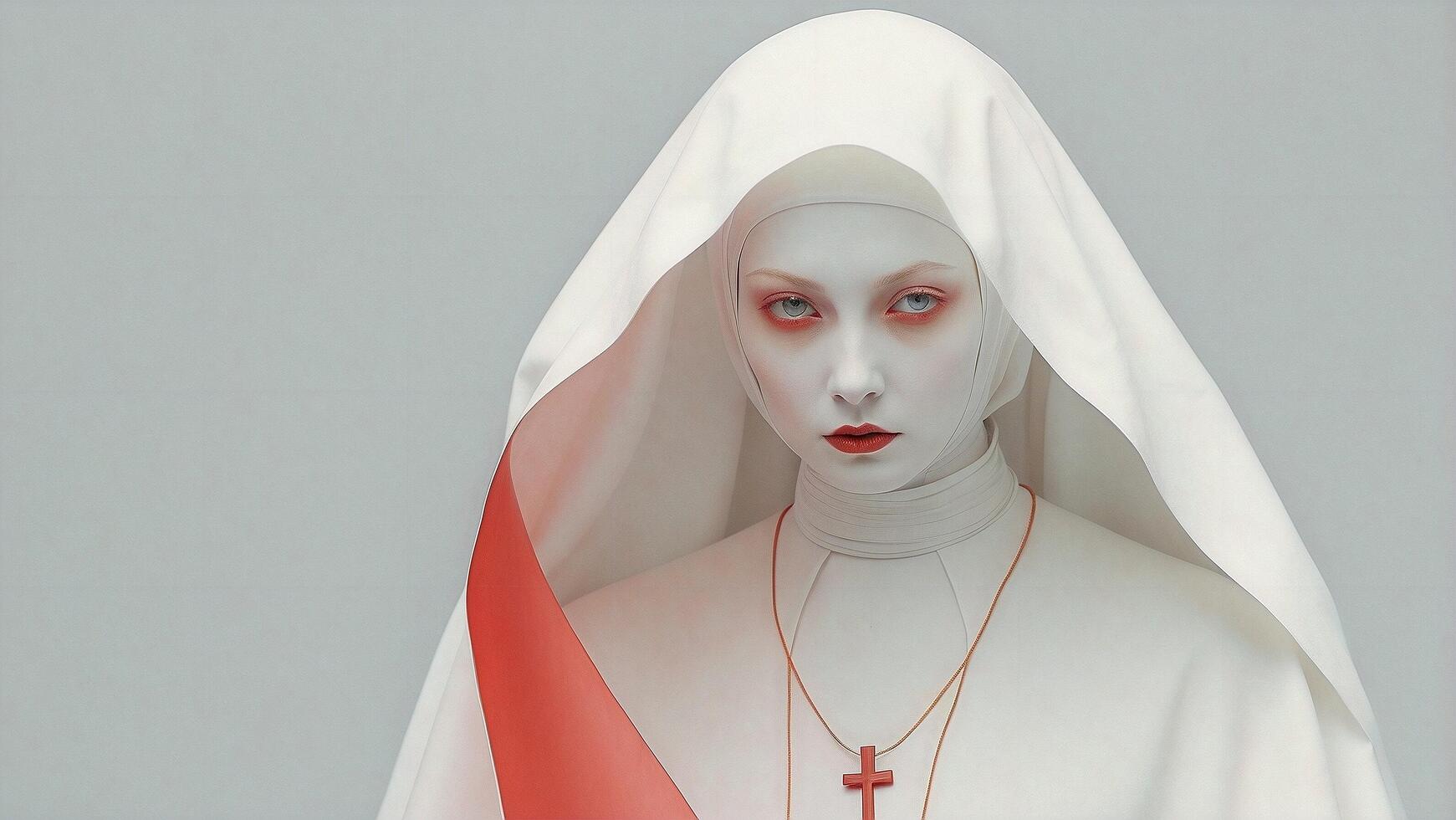 AI generated a pale skin nun with a cross on her head photo