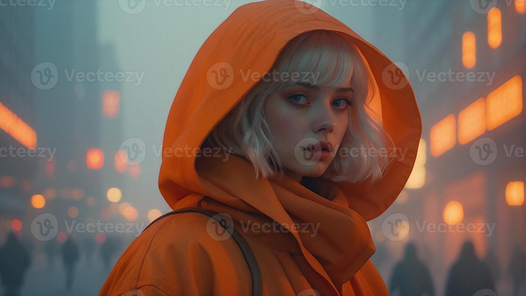 AI generated a woman in an orange hoodie standing in the middle of a city photo