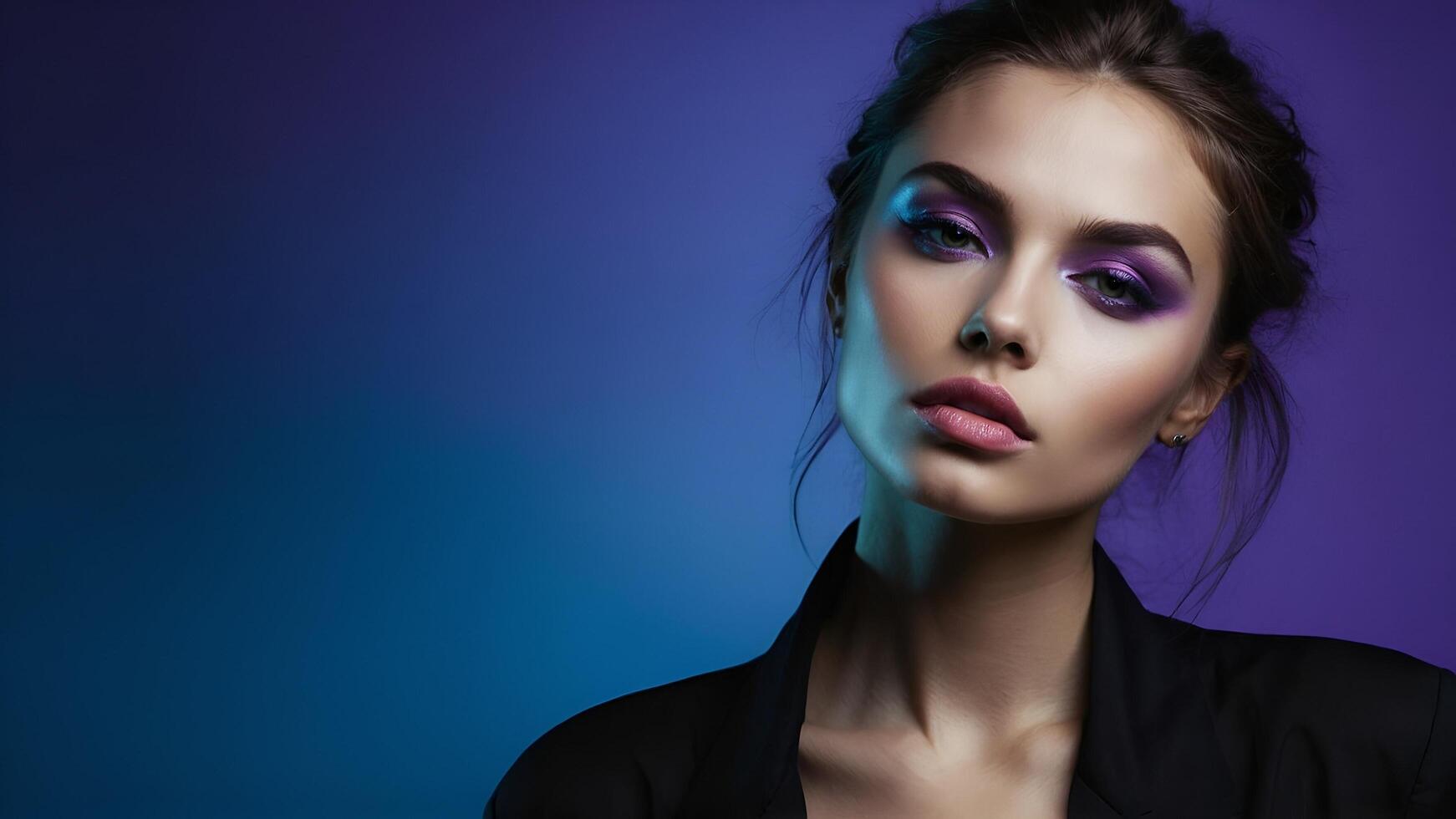 AI generated beautiful woman with purple makeup and purple eyeshadow photo