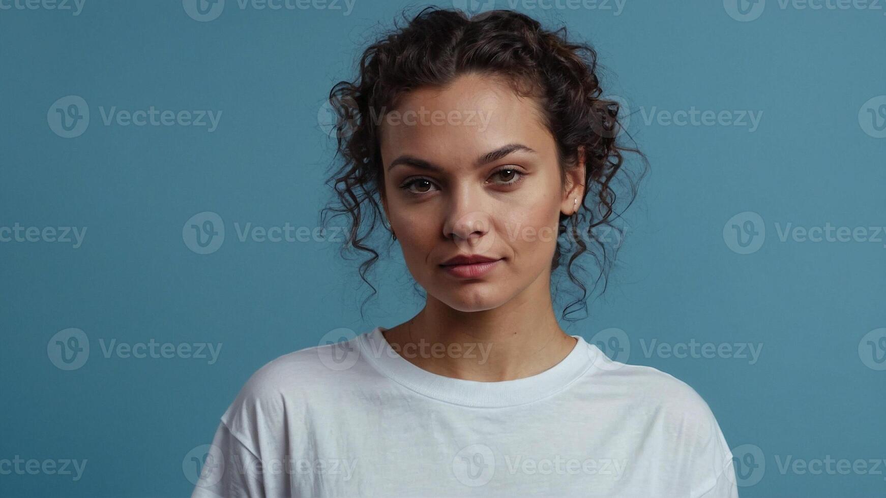 AI generated a woman with curly hair in a white t - shirt isolated on blue background photo