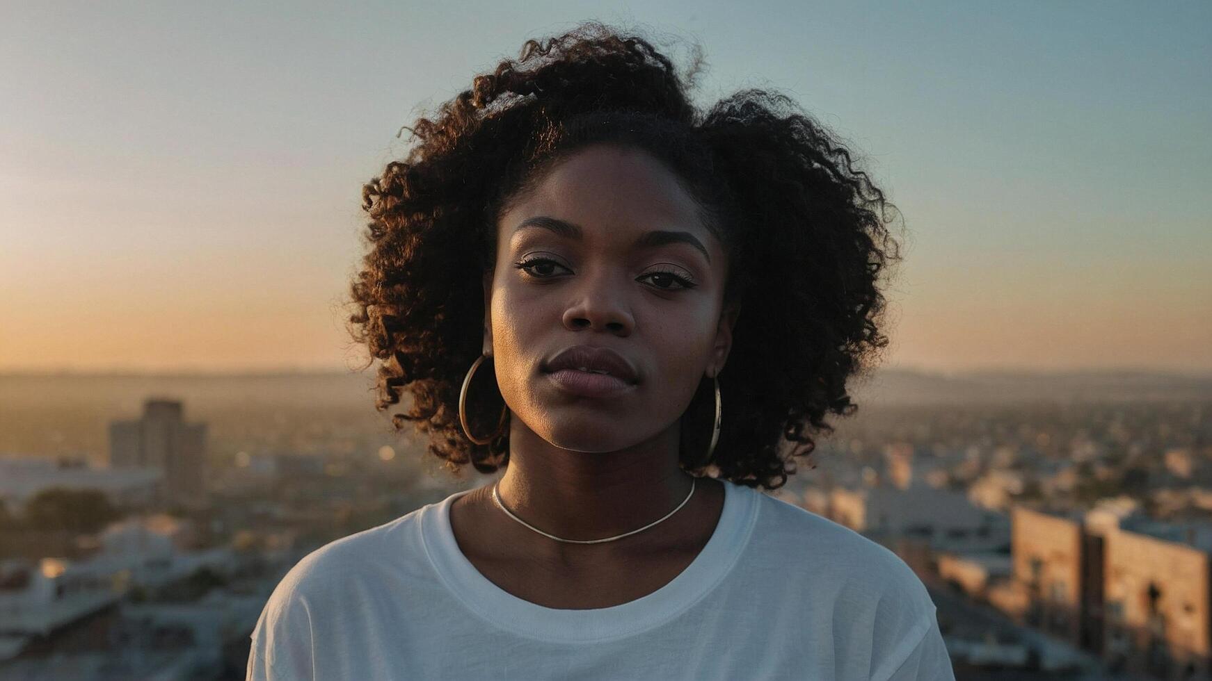 ai generado un africano mujer con Rizado pelo en pie en frente de un ciudad foto