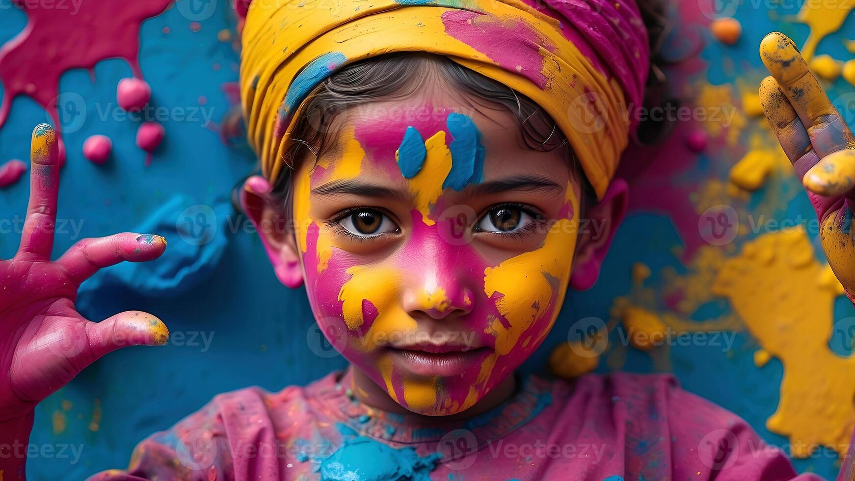 ai generado celebracion de holi festival día vistoso ilustración de un niño cubierto en pintar foto