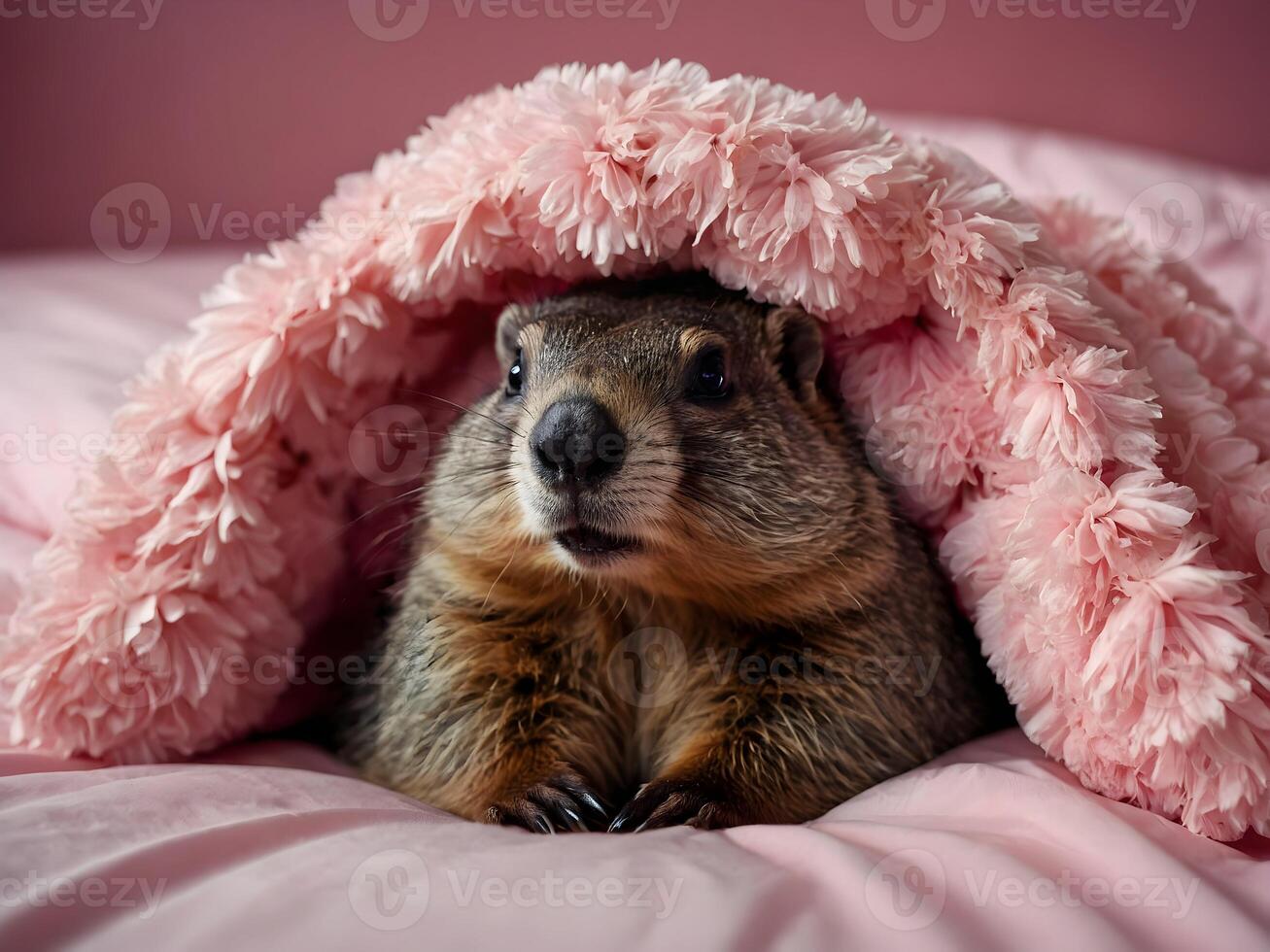 groundhog day, in a pink bed, groundhog in bed in plaid, with a sleep mask. photo