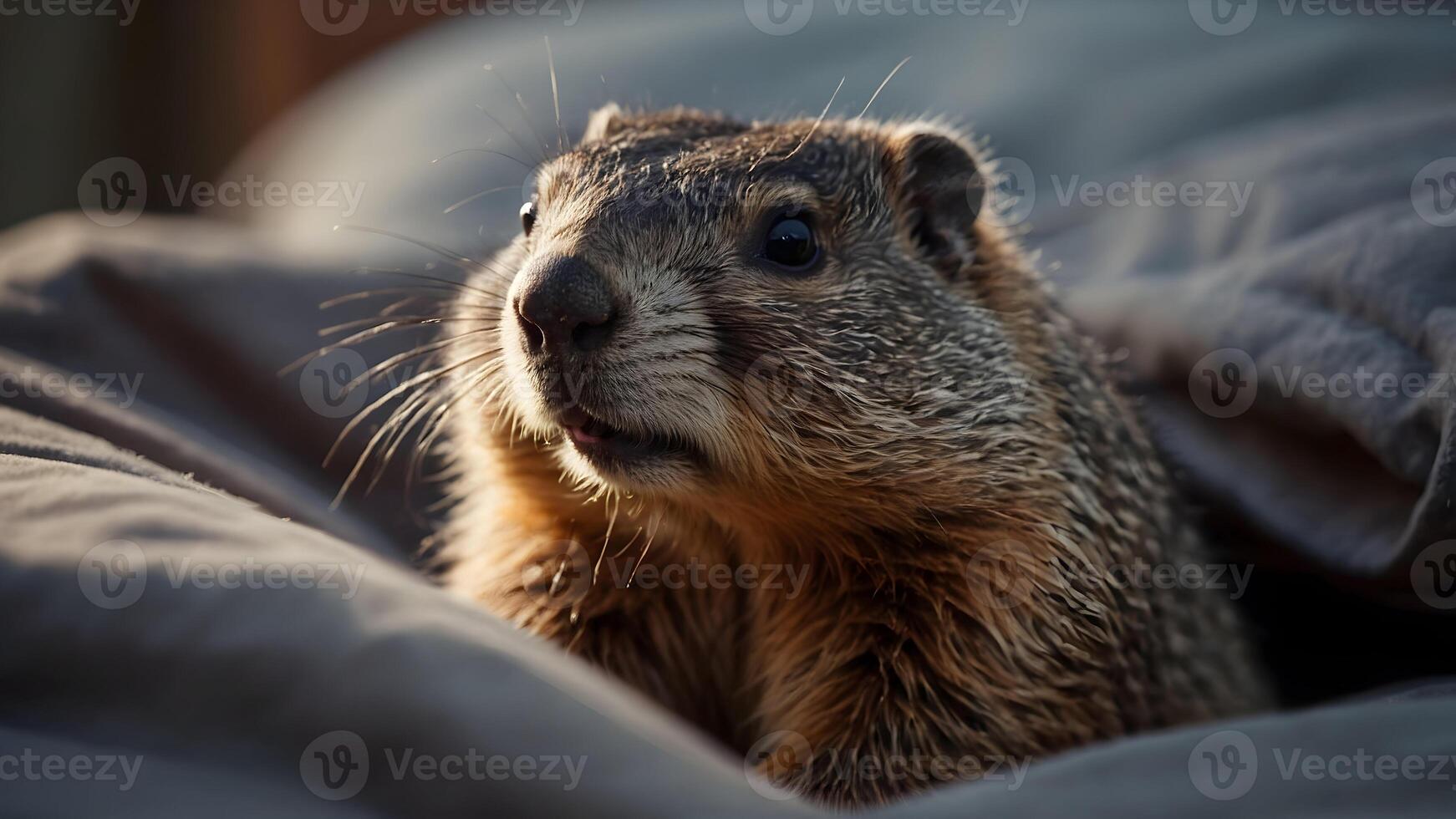 groundhog peeks out of bed in a blanket, groundhog day. photo