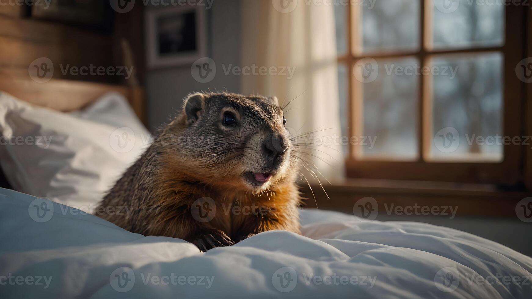 groundhog peeks out of bed in a blanket, groundhog day. photo