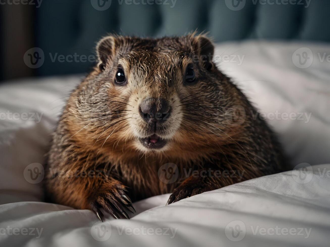 groundhog peeks out of bed in a blanket, groundhog day. photo