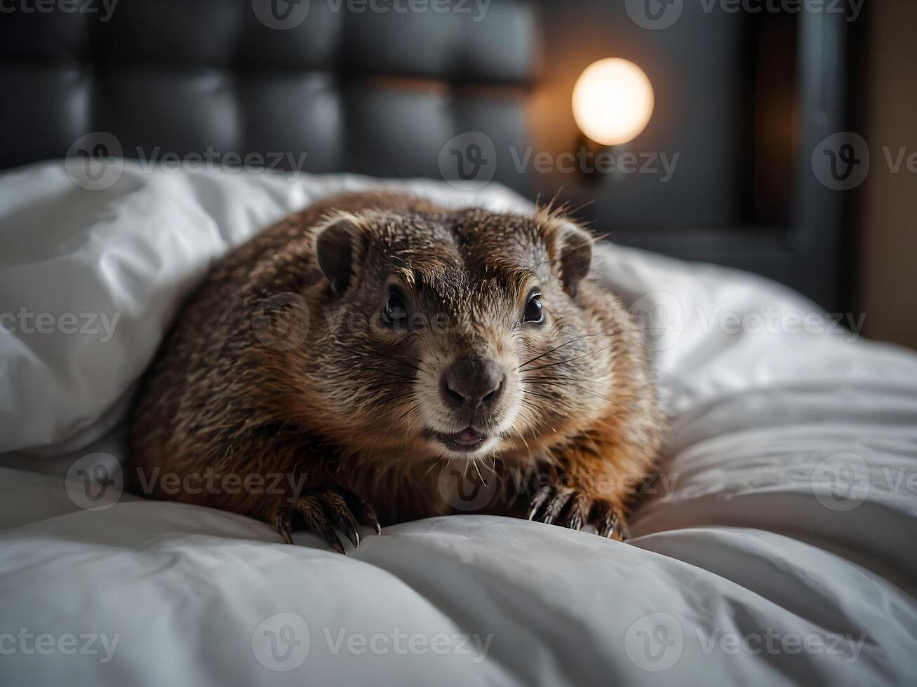 groundhog peeks out of bed in a blanket, groundhog day. photo