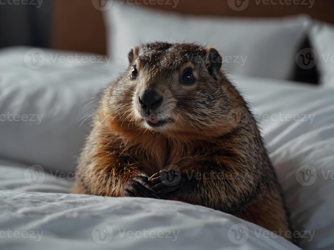 groundhog peeks out of bed in a blanket, groundhog day. photo