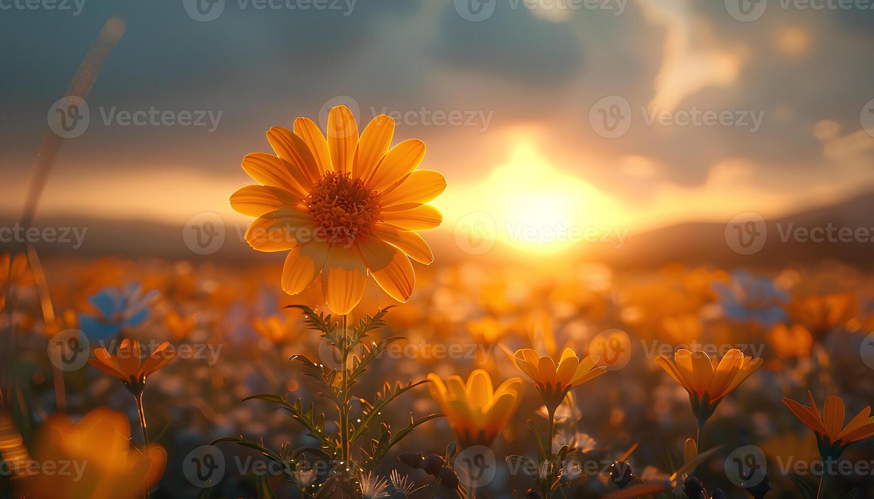 AI generated Marigold flower field in sunset. Orange marigold flower field blooming during the summer. Marigold flowers in sunrise. Orange flowers closeup photo