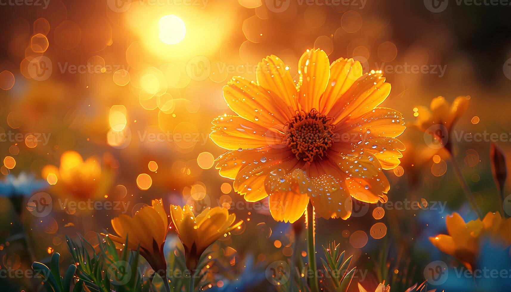 AI generated Marigold flower field in sunset. Orange marigold flower field blooming during the summer. Marigold flowers in sunrise. Orange flowers closeup photo