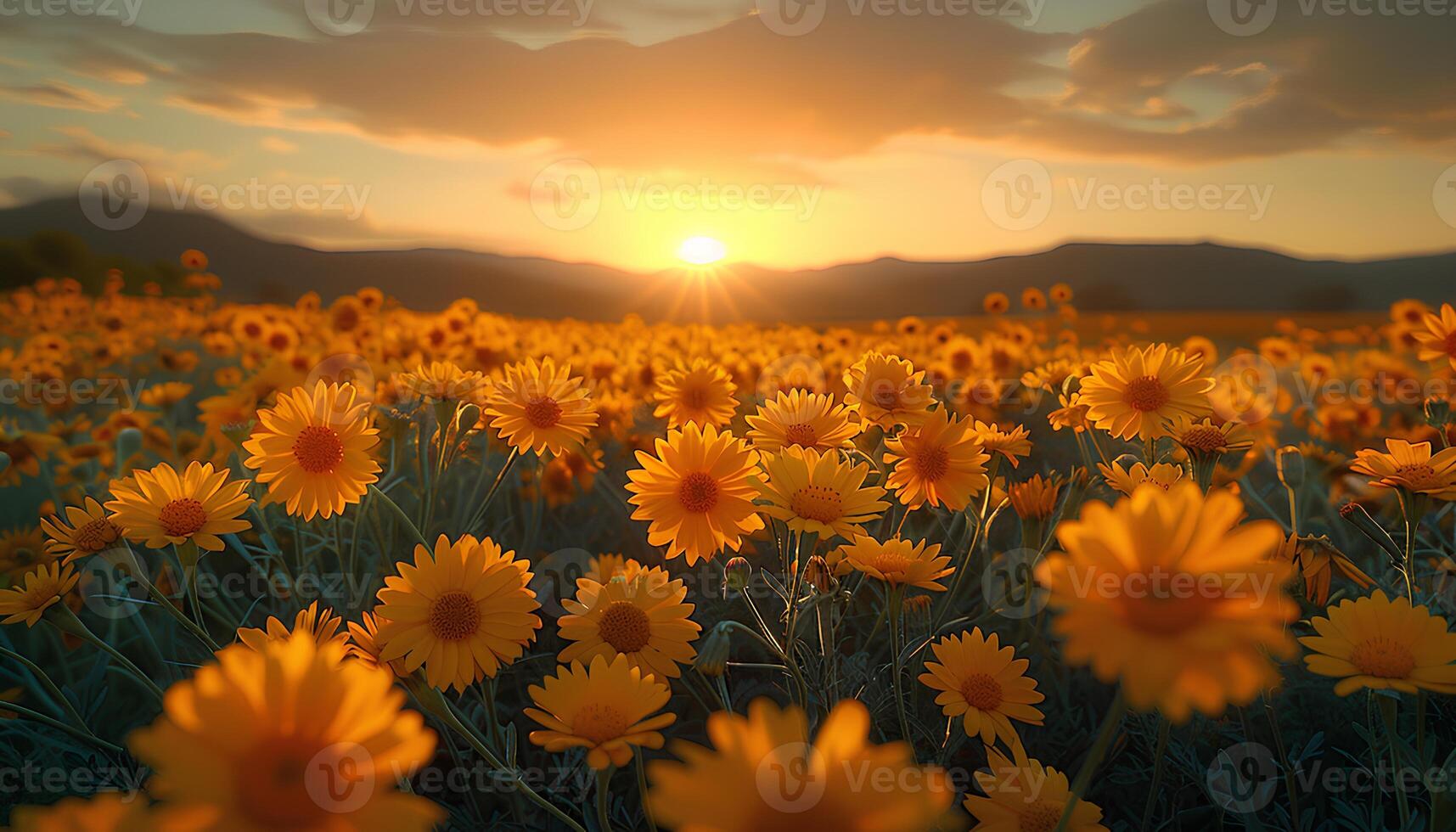 ai generado maravilla flor campo en puesta de sol. naranja maravilla flor campo floreciente durante el verano. maravilla flores en amanecer. naranja flores de cerca foto