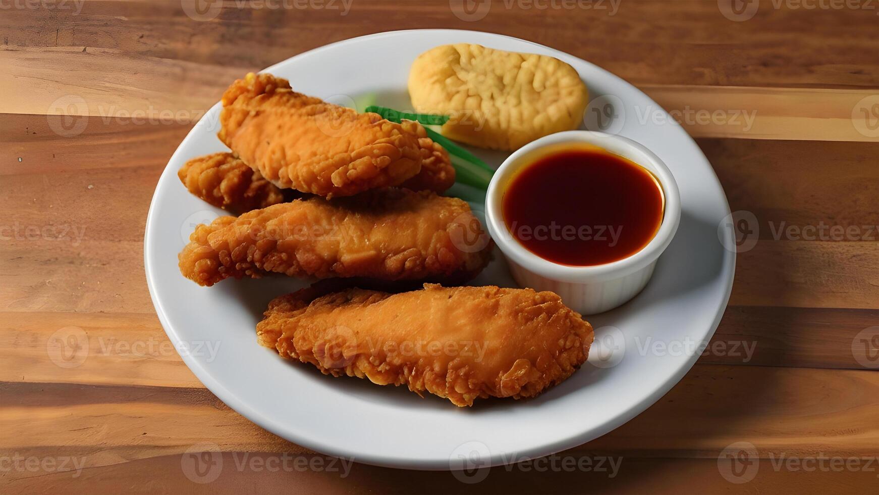 AI generated Crispy fried Breaded chicken strips and nuggets, breast fillet tenders with sweet and sour sauce sauce on a plate. Wooden background. photo